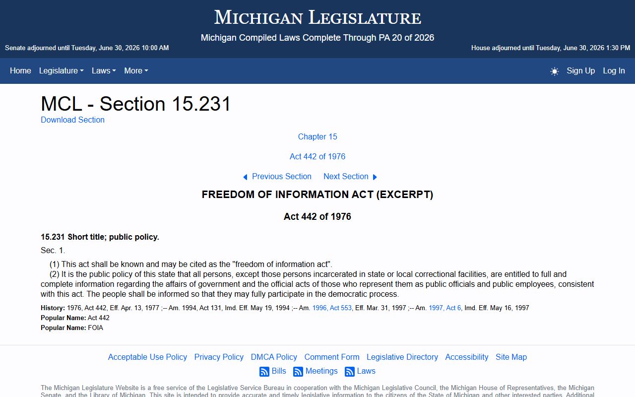 Luce County Clerk of Court records and the Michigan FOIA policy statute