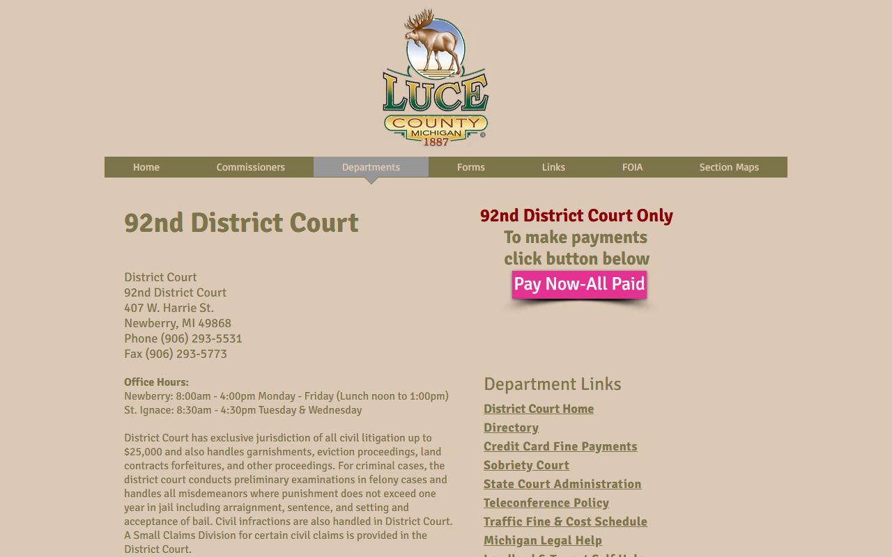 Luce County District Court 92nd District Court information page