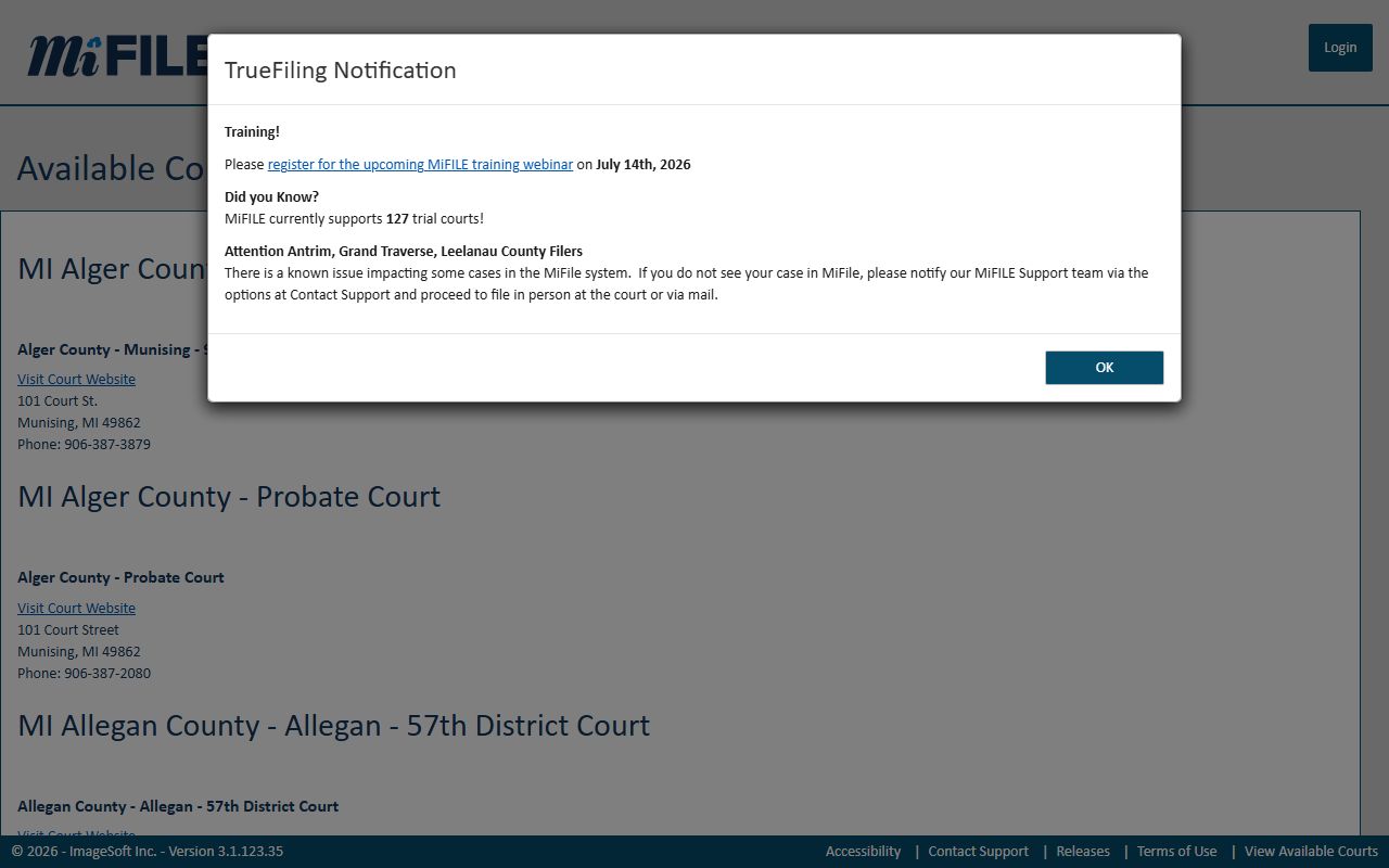 Luce County court records e-filing on the MiFILE available courts page