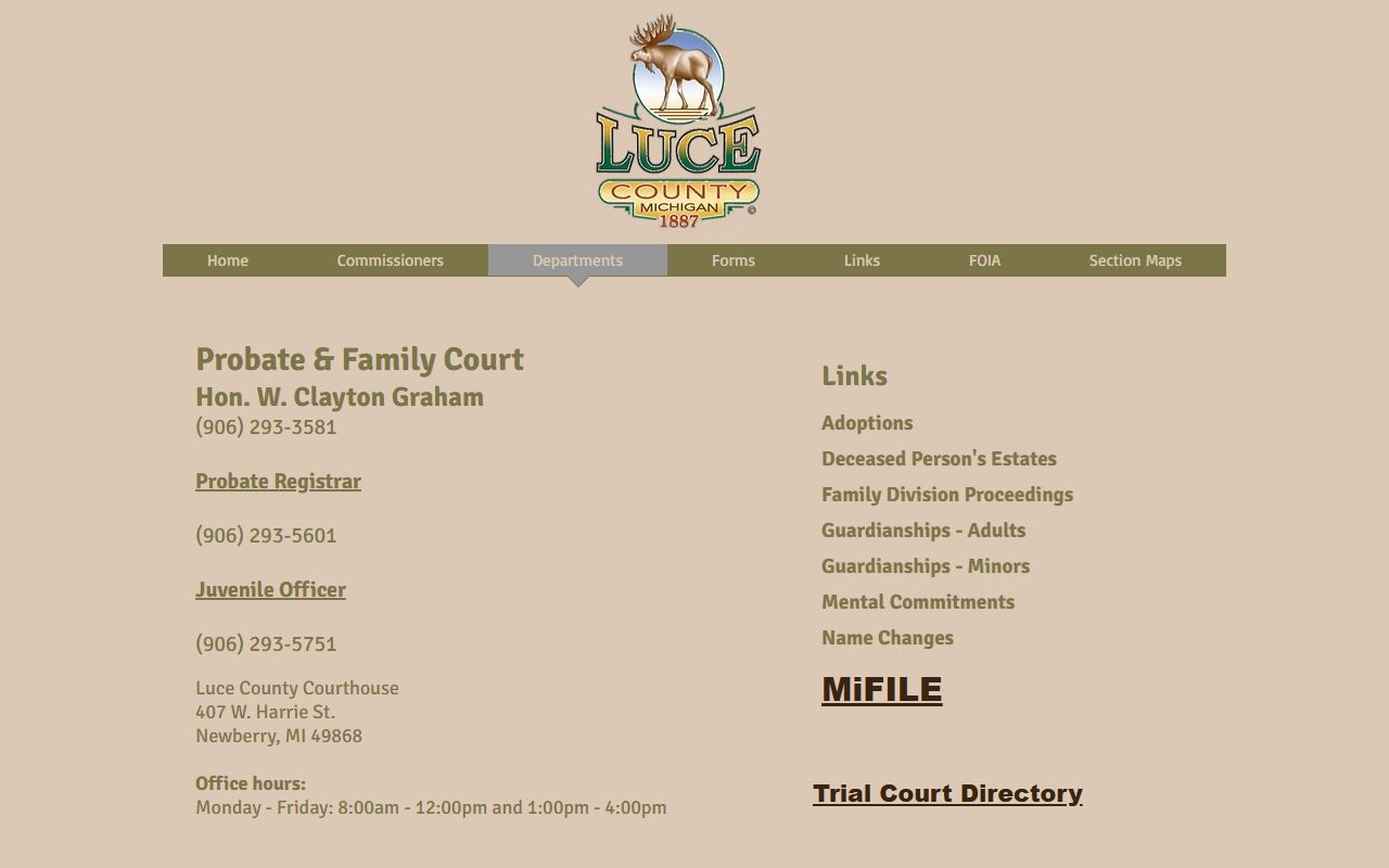 Luce County probate court records listed on the Probate and Family Court page
