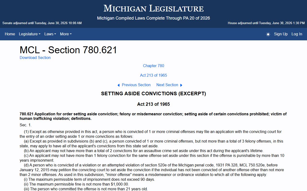 Luce County criminal court records conviction set-aside statute MCL 780.621