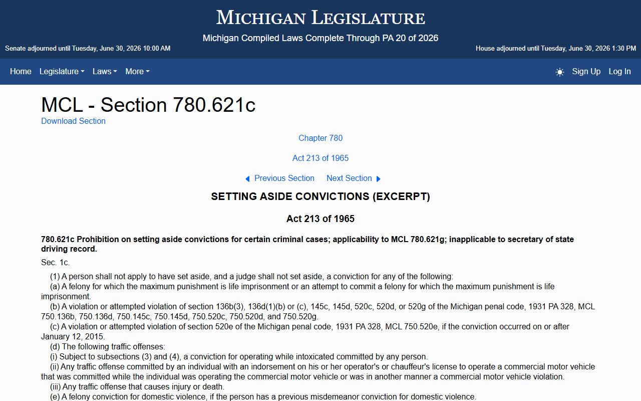 Luce County criminal court records set-aside exclusions under MCL 780.621c