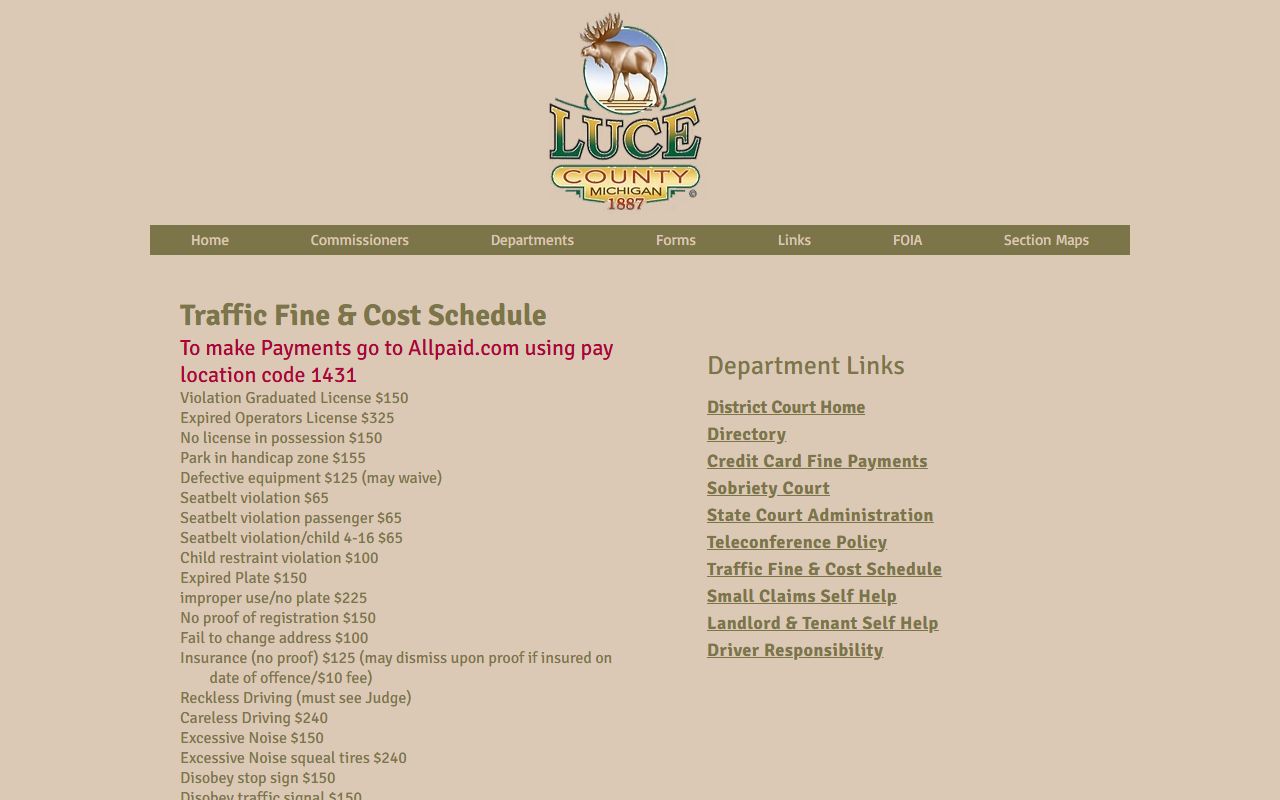 Luce County traffic court records fine and cost schedule page for the 92-1 District Court