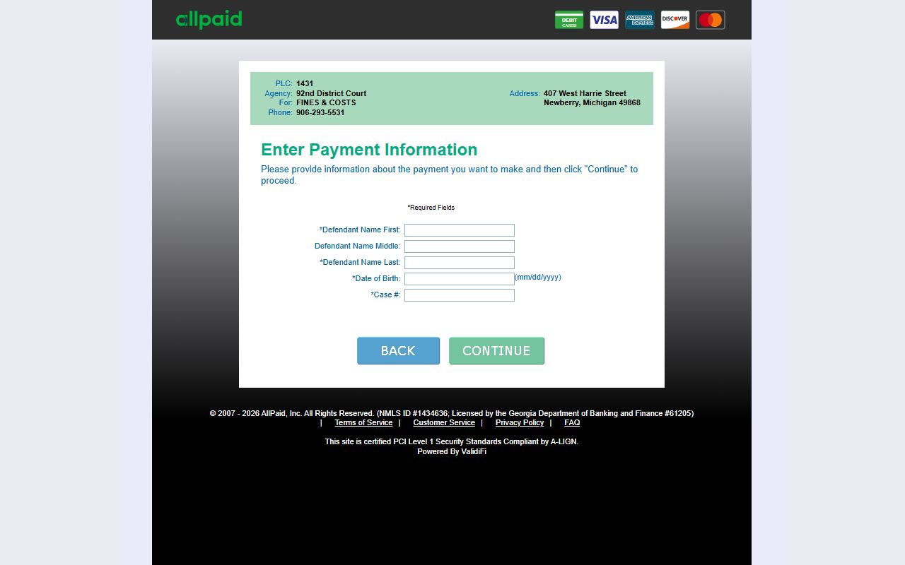 Luce County traffic court records AllPaid GovPayNow payment page for location code 1431