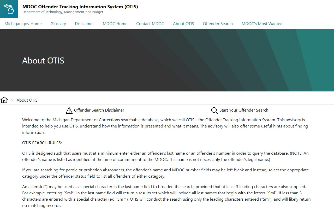 Luce County inmate records and OTIS search rules and limitations page